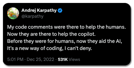 Andrej Karpathy tweet about code comments helping the copilot